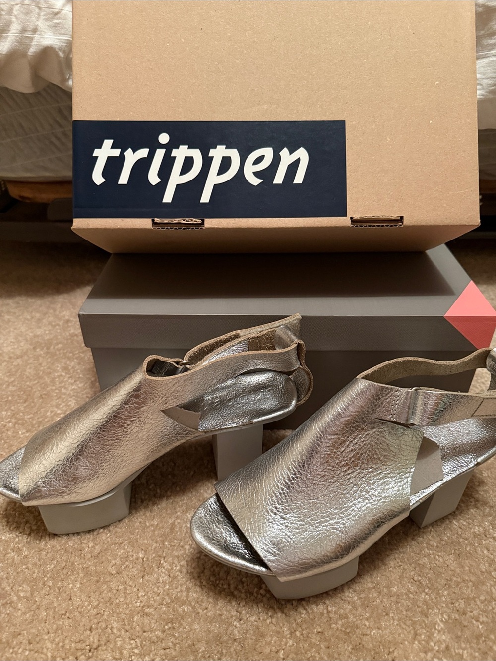 Trippen Metallic Silver Open-Toe Block Heel Slingback Sandals
